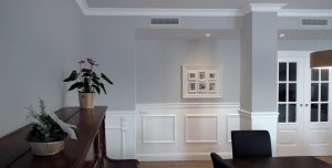 Detalle de una parte del salón en donde se aprecian las molduras y elementos decorativos y funcionales del salón